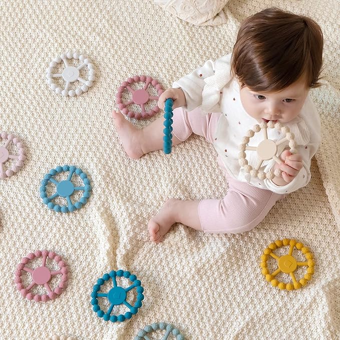 SAMiGO Ring Baby Teether Toys, Silicone Teething Ring Toys for Babies 0-6 6-12 Months, Baby Teethers 0-3 Months, Infant Teething Relief, Boy Girl Baby Essentials Must Haves - 2 Pack