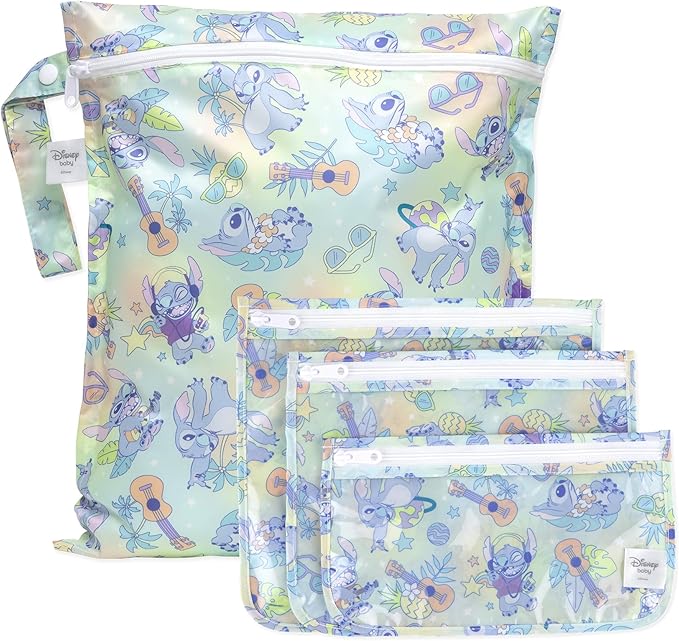 Bumkins - Waterproof Wet Bag & Clear Travel Bags - For Beach, Baby, Travel, Swim Suit, Cloth Diapers, Pump Parts, Pool, Gym, Toiletries - Reusable & Easy to Clean - Disney Stitch - 4 Pack