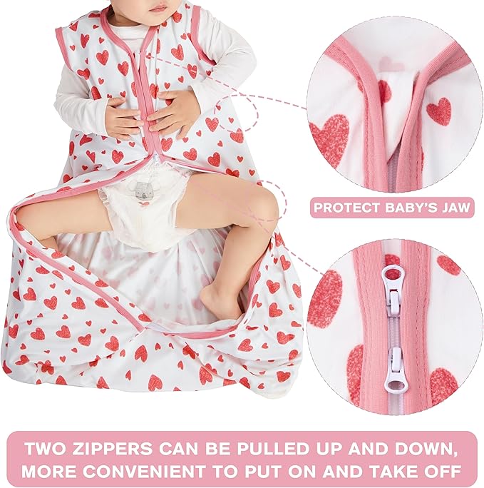 3 Pack Baby Sleep Sack 0-6 Months 100% Rayon Cotton Baby Sleeping Bag 2-Way Zipper Toddler Wearable Blankets Comfy Stretchy Lightweight TOG 0.3 （Heart&Pink&Floral）