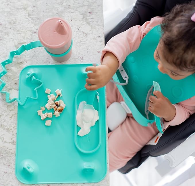 BUSY BABY Silicone Mat - New and Improved Suction Cups, 4 Straps to Secure Baby Essentials, Self Feeding, Baby Led Weaning, Travel Sleeve Included (Tan)