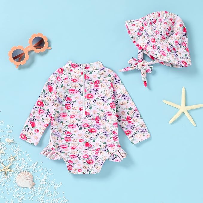 Infant Baby Girl Swimsuit One-Piece Long Sleeve Rash Guard with Hat Set Floral Zipper Bathing Suit Leopard Beach Wear