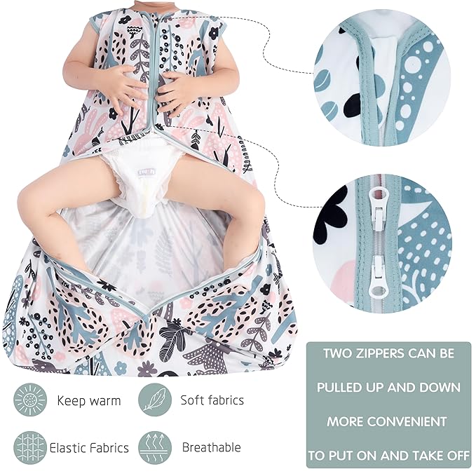 Baby Sleep Sack 18-24 Months 3 Pack Baby Wearable Blanket 100% Rayon Cotton 2-Way Zipper Toddler Sleeping Sack .Comfy Soft Lightweight TOG 0.3 (Rabbit&Rocks&Green)