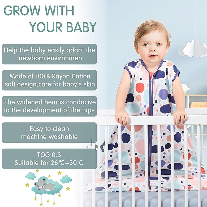 Baby Sleep Sack 12-18 Months 3 Pack Baby Wearable Blanket 100% Rayon Cotton 2-Way Zipper Toddler Sleeping Sack .Comfy Soft Lightweight TOG 0.3 (Rabbit&Rocks&Green,)
