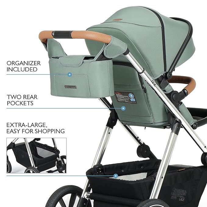 Beberoad Love RX 3-in-1 Baby Stroller, Toddler Stroller, Foldable Infant Stroller, Reversible Toddler Seat with Organizer, Rain Cover, Sunshade & Mosquito 2 in 1 Cover and Large Storage Basket (Green)