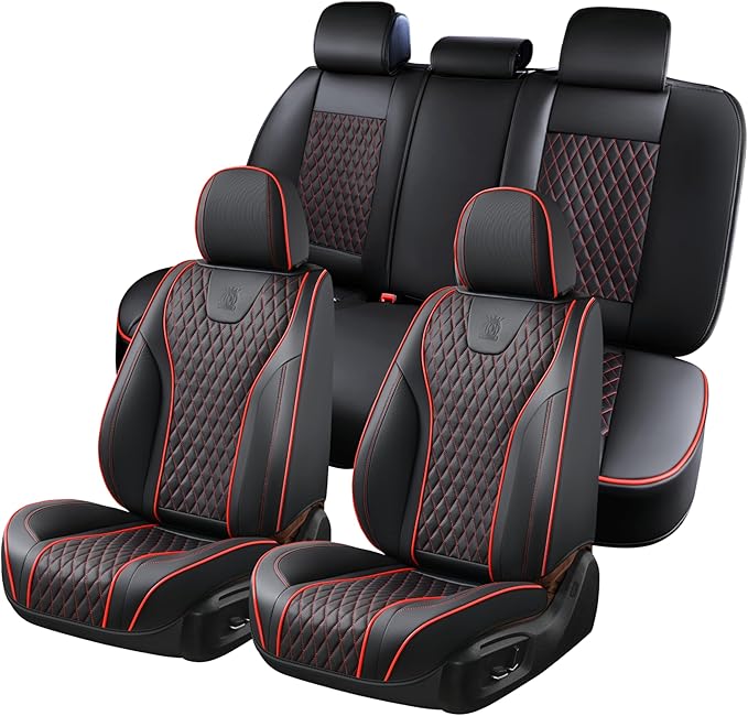 Doogo SeatCovers Full Set, Leather SeatCovers, Waterproof 5 Seats Black and Red Driver SeatCovers, Car Seat Protector Accessories Fit for Most Vehicles
