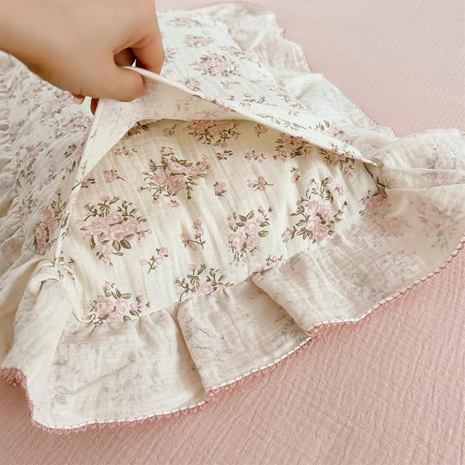 AOJIM Pink Floral Kids Toddler Pillowcase 1 Piece Super Soft Muslin Cotton Bedding Pillowcase with Ruffle Edges, Durable Nursery Pillowcase Aesthetic Print Kids Pillow Cover for Room Decor, 14x20 Inch