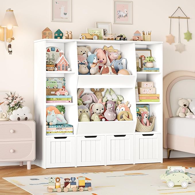 FINETONES Toy Organizers and Storage with 4 Movable Drawers, Large Toy Storage Organizer with 8 Open Storage Cubbies, Kids Bookshelf and Toy Storage with Hidden Wheels for Playroom, Kids Room,White