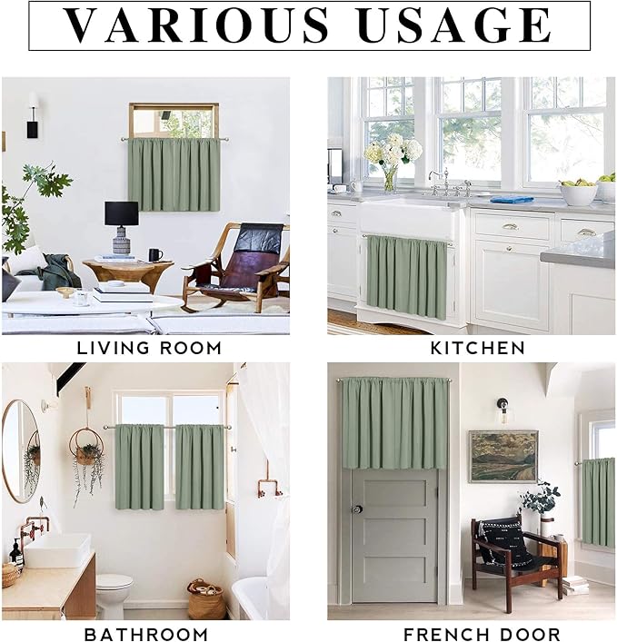 RYB HOME Short Grayish Green Blackout Curtains for Small Bedroom Window, Insulating UV Blocking Drapes for Kitchen Cafe Basement, Privacy Tiers for Bathroom Window, Width 42 by Length 36, Set of 2
