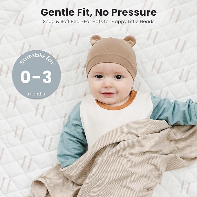 Konssy 6-Pack Baby Newborn Hats with Bear Ears Baby Beanie Hats - Soft Caps for Infant Boys & Girls, 0-3 Months