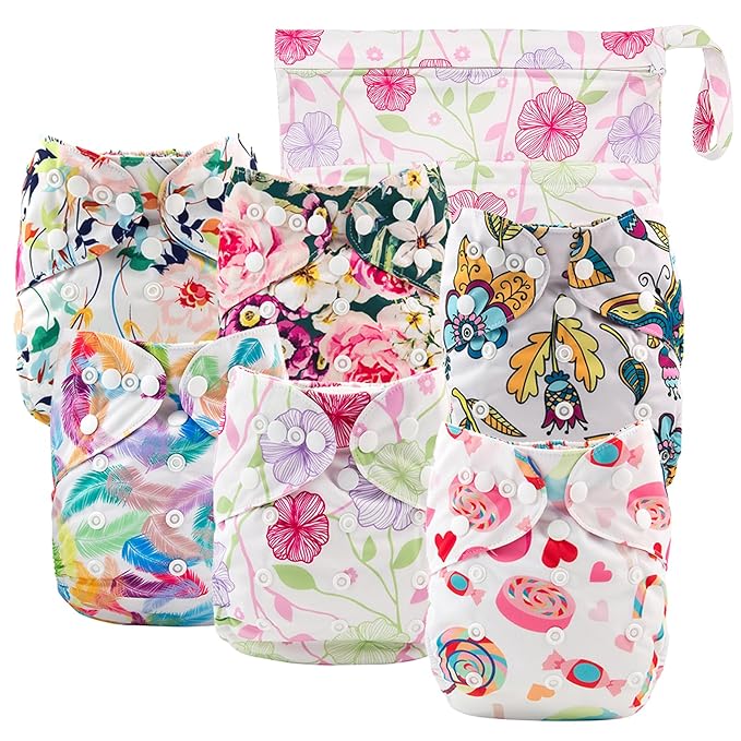 Babygoal Cloth Diaper Cover for Girls,Baby Adjustable Reusable Covers for Fitted Diapers and Prefolds, 6pcs Baby Clothes Covers+One Wet Bag 6DCF04