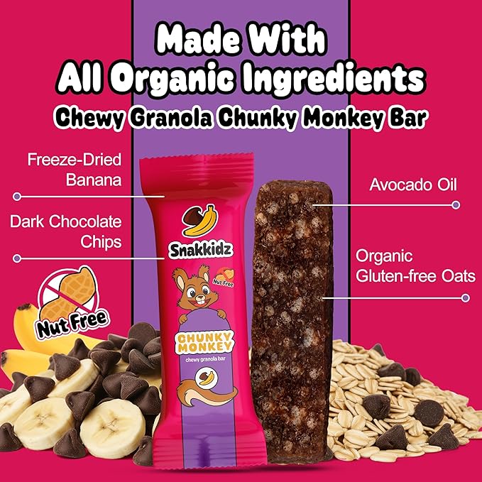 Snakkidz Organic Chewy Granola Bar, Allergen Free, Made with Avocado Oil, Low Sugar (45 Bars, Chunky Monkey)