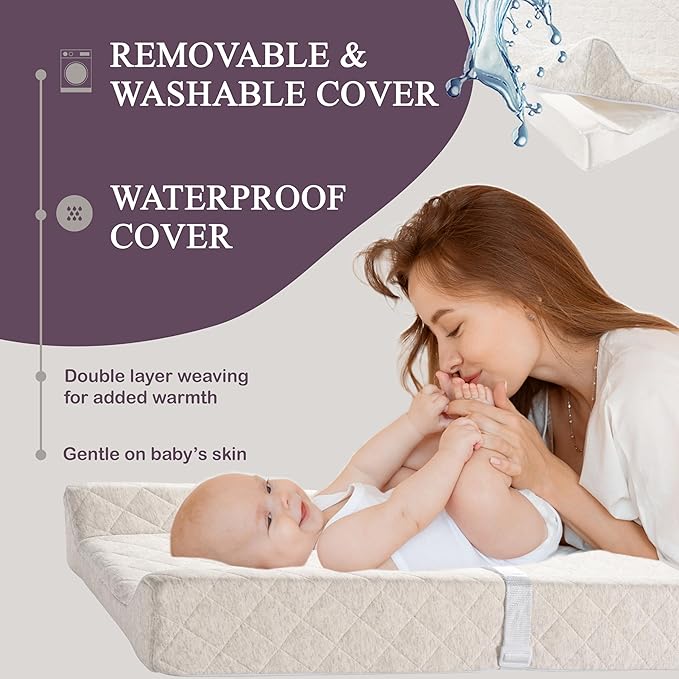 Organic Cotton Contoured Baby Changing Pad w/Waterproof Foam Mattress, Includes Soft, Removable & Washable Cover, Safety Strap, Non-Slip Bottom, Topper for Standard Size Infant Diaper Table & Dresser