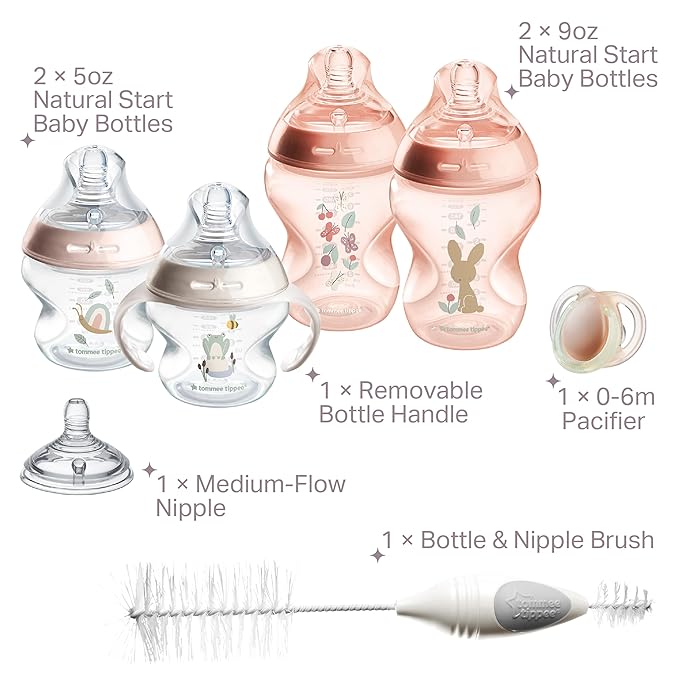 Tommee Tippee Natural Start 8 Piece BPA Free Bottle Set, Includes 2 x 5 oz & 2 x 9 oz Bottles, 1 x Medium Flow Nipple, 1 x 0-6m Pacifier, 1 x Removable Bottle Handle, 1 x Cleaning Brush, Pink