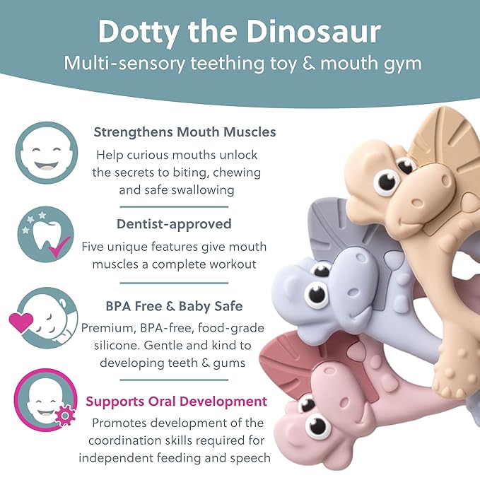 Bibado - Dotty The Dinosaur Teething Toys, Mist - Multi-Sensory Teether - BPA Free Baby Toy - Strengthen Mouth Muscles & Learn Feeding - Dentist Approved - Baby Essentials & Baby Toys - 3 Months+