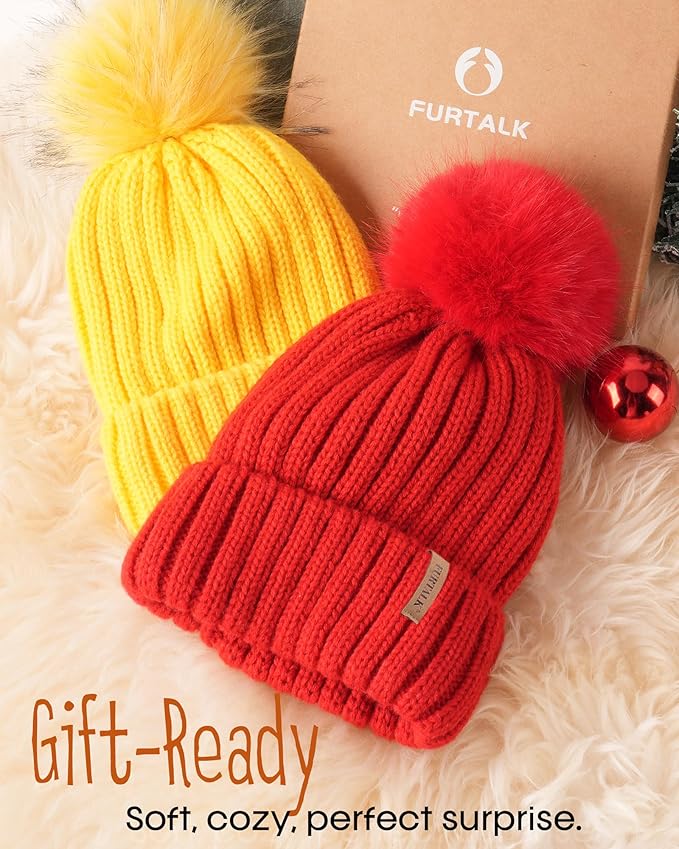 FURTALK Kids Winter Hat Toddler Knitted Beanie with Faux Fur Pom Poms for Baby Girls Boys