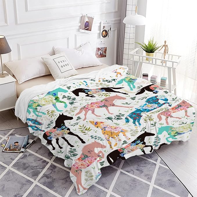 Colorful Floral Horse Blanket for Teen Flowers Animals Throw Blanket Gifts for Girls Boys Soft Throws Blankets All Seasons 50×60 Inches for Bed Office