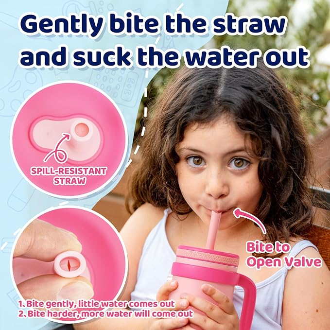 Tronco 14 oz Kids Insulated Tumbler with Handle & Spill Resistant Flexible Straw, BPA-Free Stainless Steel Toddler Cups with Lids, Splash-Proof Kid Drinking Cup Travel Mugs, Easy to Clean