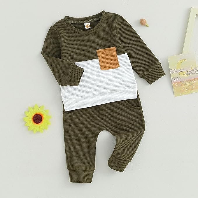 Toddler Baby Boy Fall Clothes Waffle Outfit Long Sleeve Color Blocking Sweatshirt Pullover Jogger Pant Set