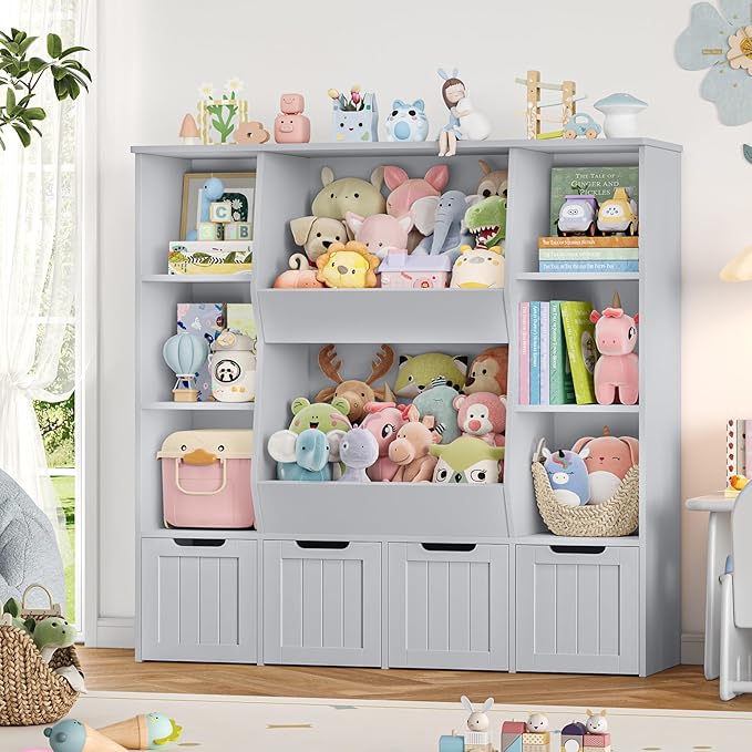 FINETONES Toy Organizers and Storage with 4 Movable Drawers, Large Toy Storage Organizer with 8 Open Storage Cubbies, Kids Bookshelf and Toy Storage with Hidden Wheels for Playroom, Kids Room,Grey