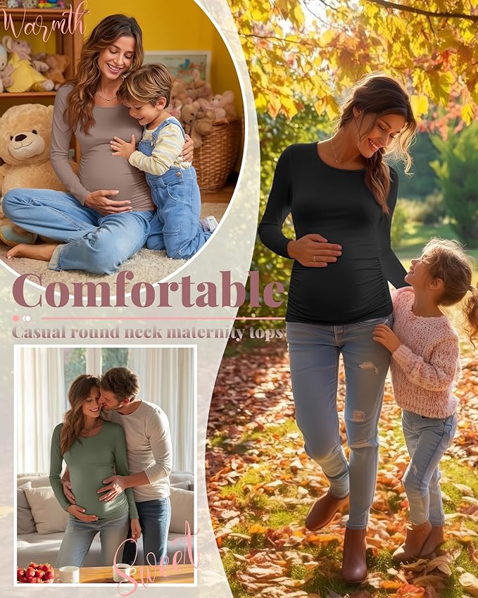 Ficerd 3 Pack Women's Maternity Shirts, Long Sleeve Side Ruched Pregnancy Tee Tops Crew Neck Casual Mama Clothes Basic Tunic