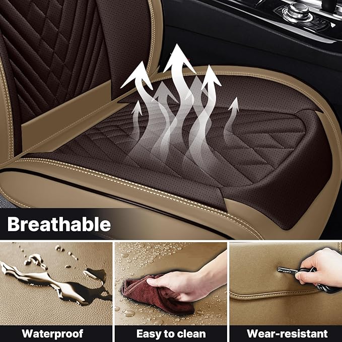 Car Seat Cover Full Set, Seat Cover for Cars, Car Seat Cover Car Seat Protector Waterproof Leather Car Seat Cushion Full Coverage Seat Cover Front Seat Fit for Most Cars(2 Seat,Brown&Beige)