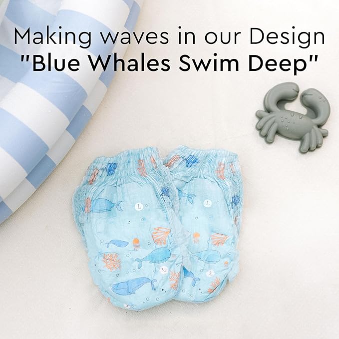 LILLYDOO Baby Swim Diapers - Size Small (13-24 lbs), Half-Monthly Supply (40 Count), Blue Whales Design, Skin-Friendly, Perfume- & Chlorine-Free, Hypoallergenic, Dermatologist Tested, Oeko-TEX®