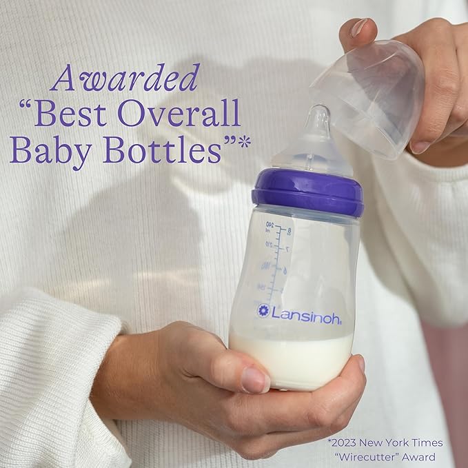 Lansinoh NaturalWave Slow Flow Nipples (2 ct) + 8 oz Anti-Colic Baby Bottles (3 ct) With Medium Flow Nipples, BPA-Free, Soft Silicone Design for Comfortable Feeding