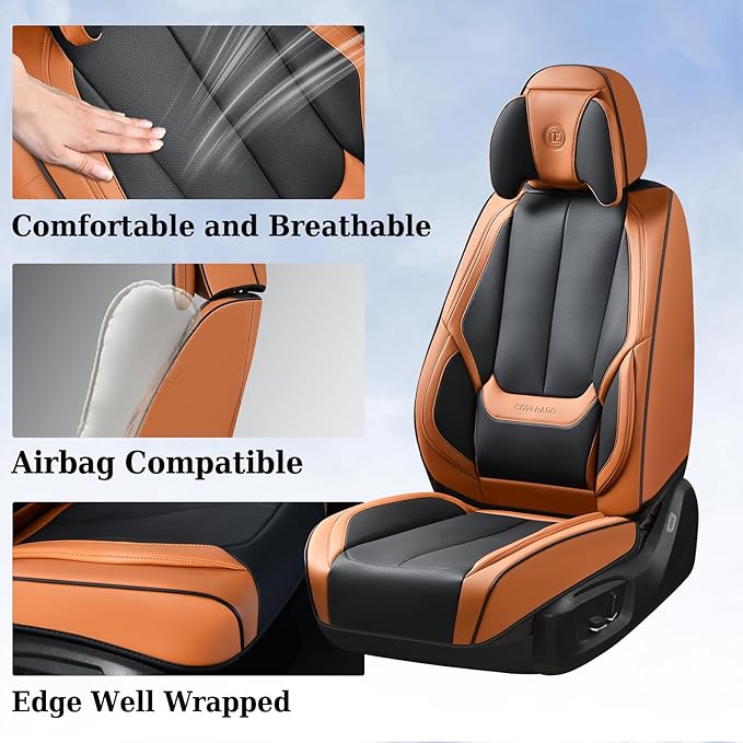 Coverado Universal Seat Covers Full Set, 5 Seats Universal Seat Covers for Cars, Waterproof Nappa Leather Car Seat Covers with Head Pillow, Auto Protectors Fit for Most SUV Pick-up Truck-Black&Brown