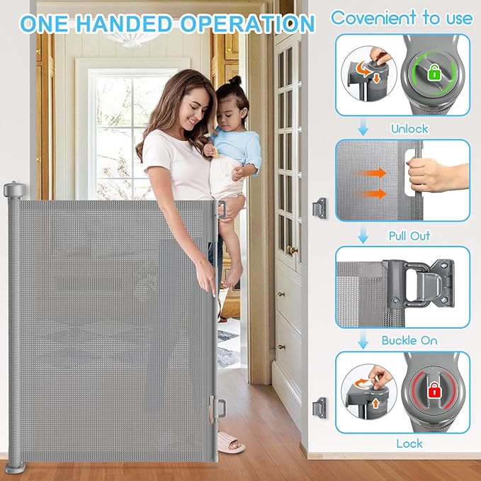 55 Inch Retractable Baby Gates Extra Wide, 41 Inch Reinforced Extra Tall Gate Mesh Safety Gate for Kids Pets, Retractable Dog Gate Baby Retractable Gate for Stair Hallway Doorway Indoor Outdoor, Gray