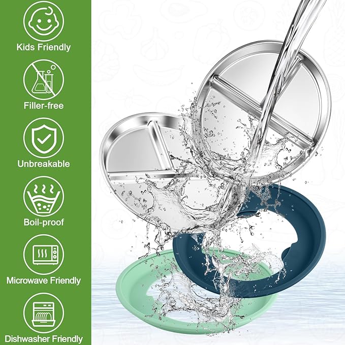 BUSOHA 3 Pack Stainless Steel Kids Plate Set - 9” Divided Toddler Baby Plates with Silicone Sleeves with Suction 2-in-1 Anti Breakage Metal Toddler Bowls Microwave Dishwasher Safe