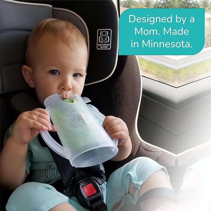 Flipping Holder with lid for Food Pouches & Juice Boxes - Multipurpose Design - Prevent Messes & Support Self-Feeding - Handles for Easy Grasping - Made in USA