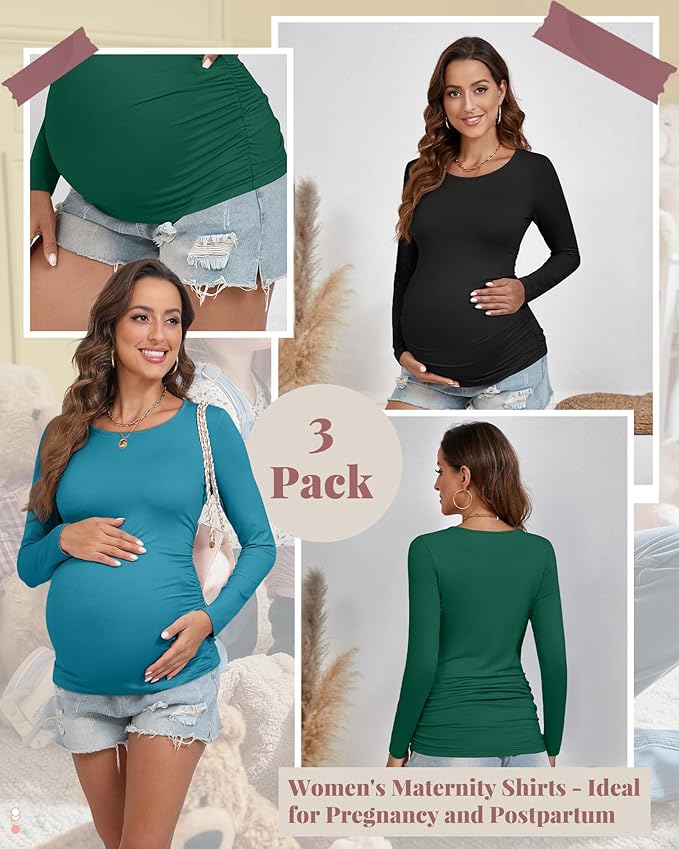 Ficerd 3 Pack Women's Maternity Shirts, Long Sleeve Side Ruched Pregnancy Tee Tops Crew Neck Casual Mama Clothes Basic Tunic