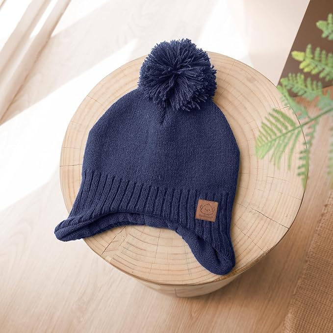 Baby Beanies, Baby Hats for Boys, Girls - Cute Toddler Winter Hat, Soft & Stretchy Beanies for Infant, Newborn 0-6 Months, Cozy & Warm with Earflap Muff & Pom (Navy, S)