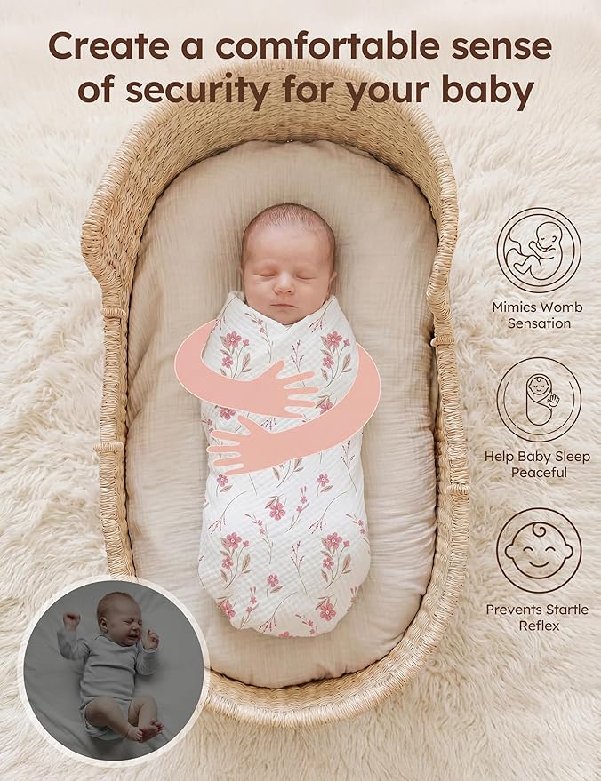 Unnivoll Muslin Swaddle Blankets for Newborns, 100% Cotton Receiving Blankets, Large 38 x 40 inches Baby Swaddle Blanket for Baby Boys and Girls, Soft Breathable Infant Baby Essentials 3 Pack Pink