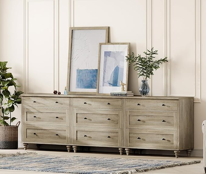 WAMPAT Dresser for Bedroom with 9 Drawers, Kids Dressers with Wide Chest of Drawers, Modern Wooden Closet Storage Organizer, Large Wood Dressers for Living Room, Nursery, Hallway, Rustic Oak