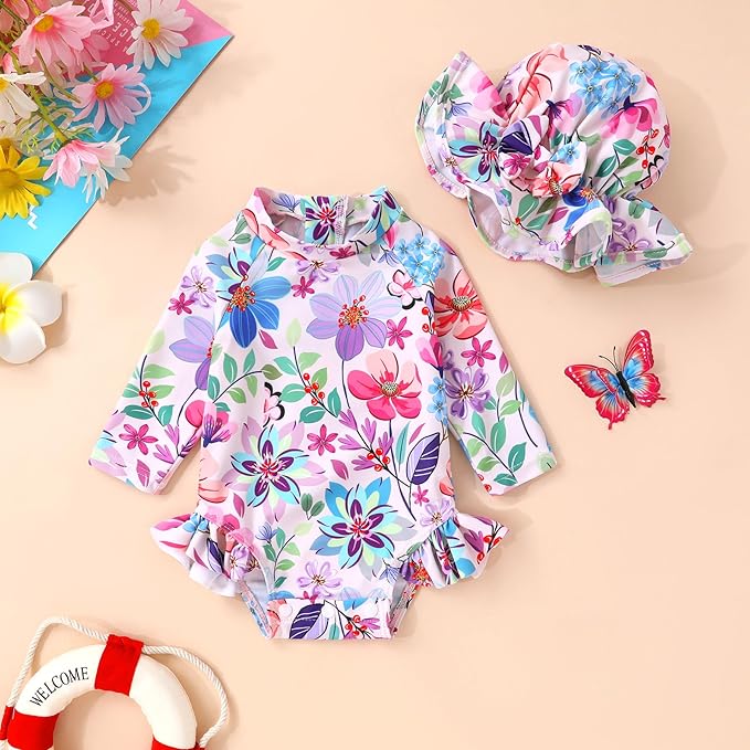 Infant Baby Girl Swimsuit One-Piece Long Sleeve Rash Guard with Hat Set Floral Zipper Bathing Suit Leopard Beach Wear