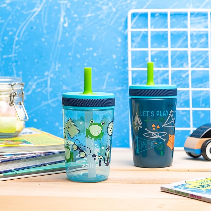 Zak Designs Campout and Camping Kelso Tumbler Set, Leak-Proof Screw-On Lid with Straw, Bundle for Kids Includes Plastic and Stainless Steel Cups with Bonus Sipper, 3pc Set, Non-BPA
