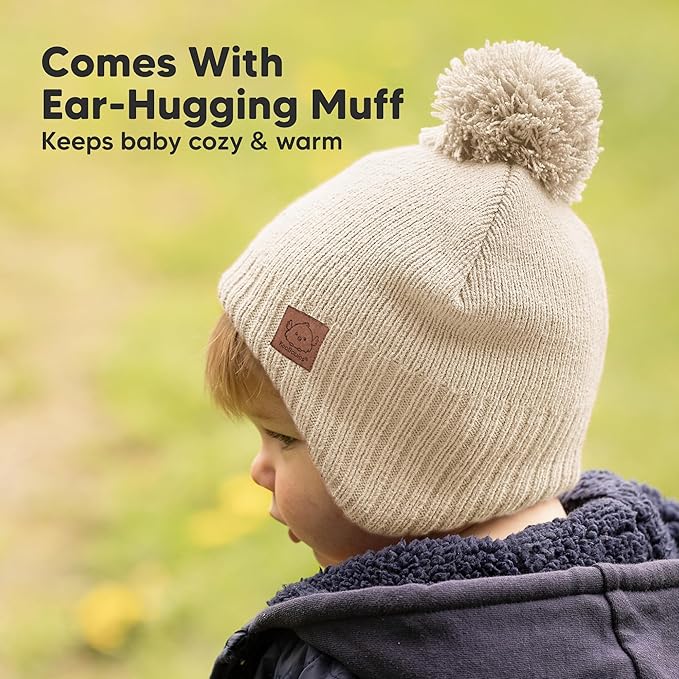 Baby Beanies, Baby Hats for Boys, Girls - Cute Toddler Winter Hat, Soft & Stretchy Beanies for Infant, Newborn 6-36 months, Cozy & Warm with Earflap Muff & Pom (Cream)