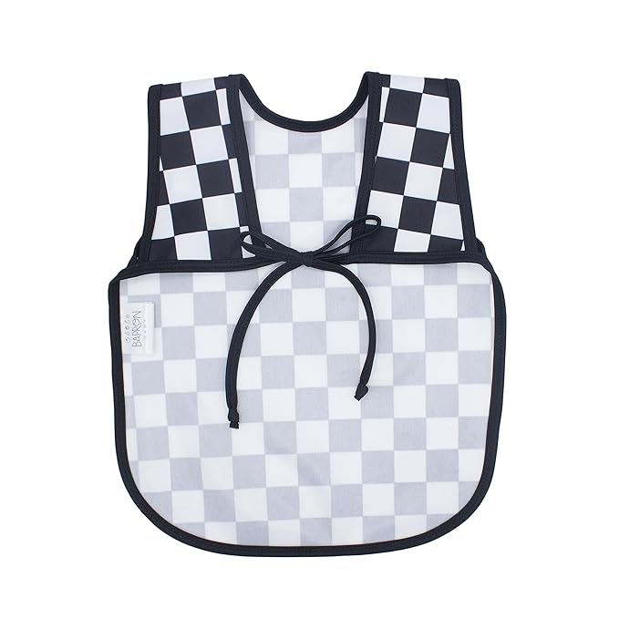 BapronBaby Black Checkerboard Bapron - No Neck Tie Safer Bib for Baby & Toddler - Soft Waterproof Stain Resistant - Machine Washable - Sz Preschool 3-5yrs