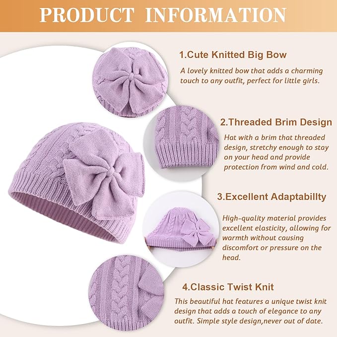 JANGANNSA Winter Warm Knitted Baby Hat for Girls Cotton Lined Infant Toddler Hat Autumn Cute Bow Classic Girls Beanie 0-6Y