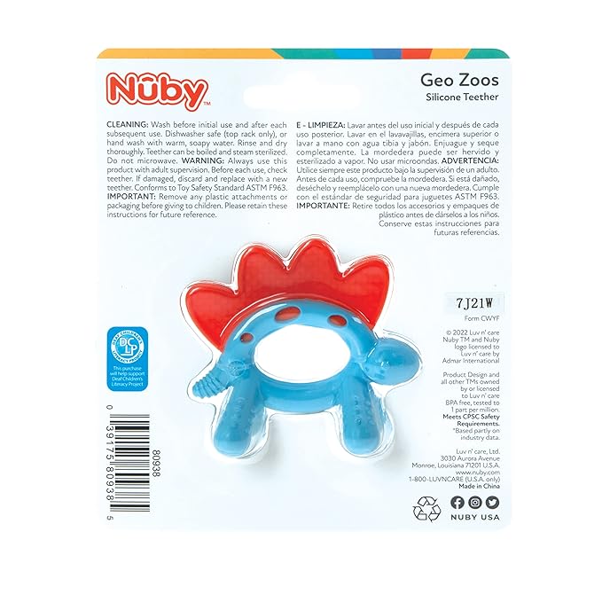 Nuby Geo Zoos Massaging Teether - Baby Teething Toy - Soft Easy Grip - 3+ Months - Dino - Easter Basket Stuffer