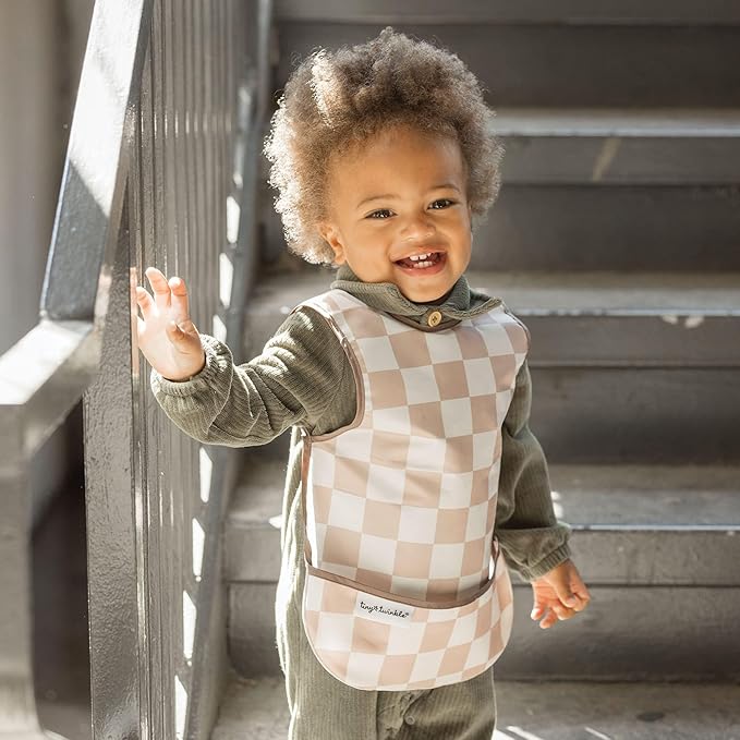 Twinkle Short Sleeve Apron Baby & Toddler Bib – Waterproof, Mess-Proof Bibs for Eating & Feeding, Machine Washable, Perfect Holiday Gift (Brown Checkers, 2-4Y)