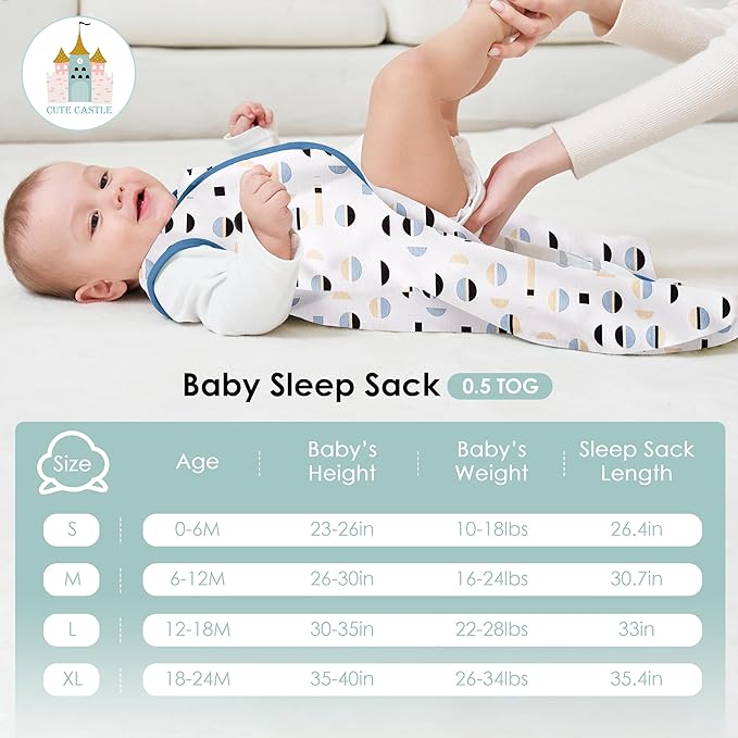 Cute Castle Baby Sleep Sack 6-12 Months - Lightweight 100% Cotton 2-Way Zipper TOG 0.5 Infant Wearable Blanket, Newborn Essentials Toddler Sleep Clothes (3 Pack Blue)