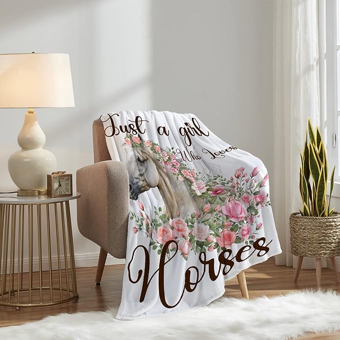 Just A Girl Who Loves Horses Blanket for Teen Flowers Animals Throw Blanket Gifts for Girls Boys Soft Throws Blankets All Seasons 50×60 Inches for Bed Office