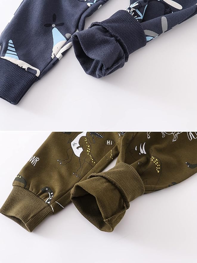 HUAER& Baby Boy's Jogger Pants Dinosaur Car Animal Print Drawstring Elastic Sweatpants 2-Pack