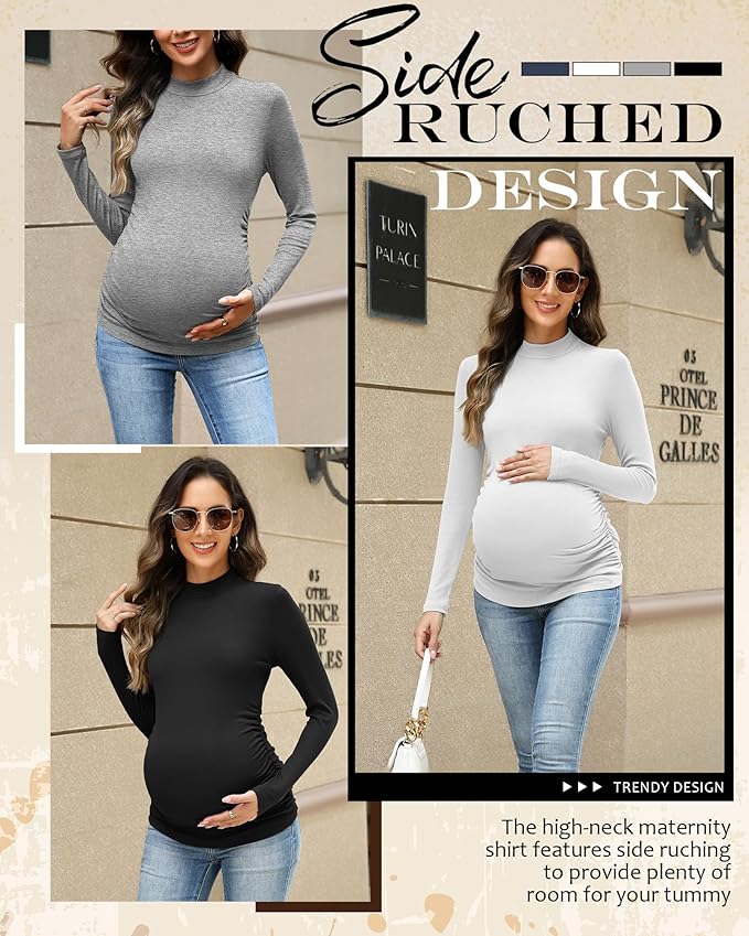 4 Packs Womens Maternity Shirts Long Sleeve Cotton Ribbed Pregnancy Mock Neck Side Ruched Workout Tops for Mama