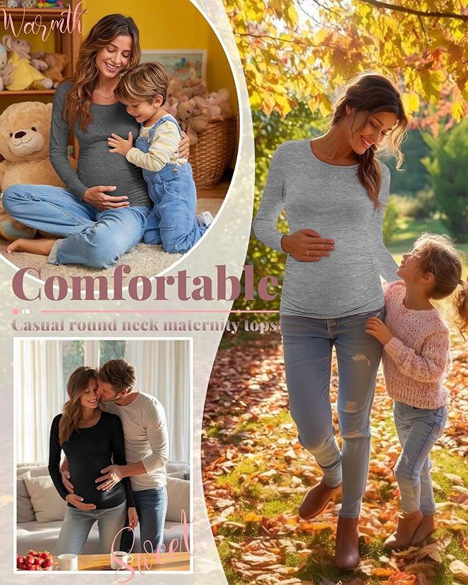 Ficerd 3 Pack Women's Maternity Shirts, Long Sleeve Side Ruched Pregnancy Tee Tops Crew Neck Casual Mama Clothes Basic Tunic