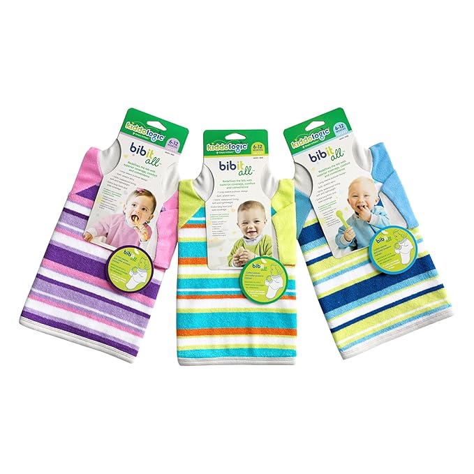 Kiddologic Bibit-all Baby Feeding Bib, Long Sleeves with Ribbed Cuffs and High Collar, Stretchy Pullover Smock, Soft Absorbent Terry, Waterproof Lining, Infant Boy 6-12 Months, Sky Blue Stripe