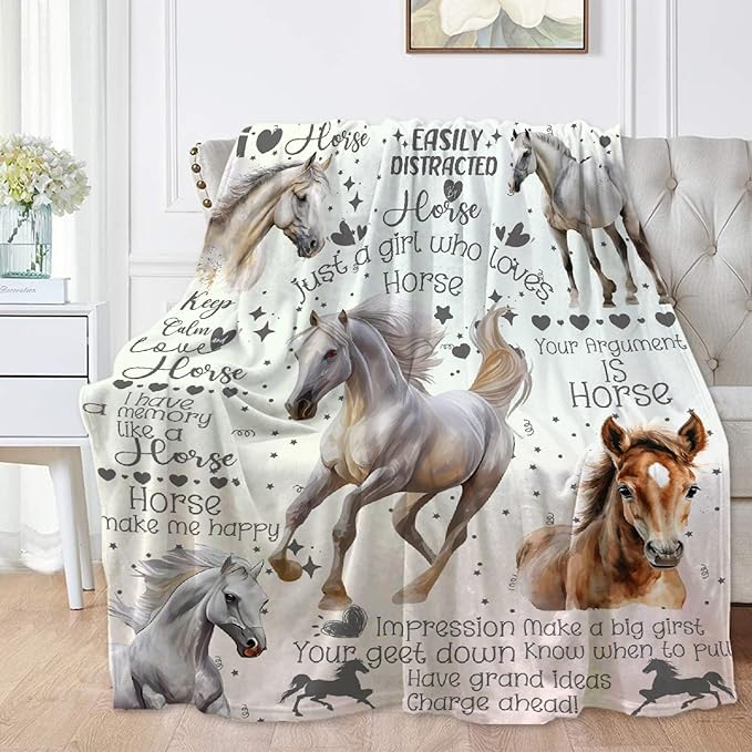 Horse Blanket for Teen Flowers Animals Throw Blanket Gifts for Girls Boys Soft Throws Blankets All Seasons 50×60 Inches for Bed Office