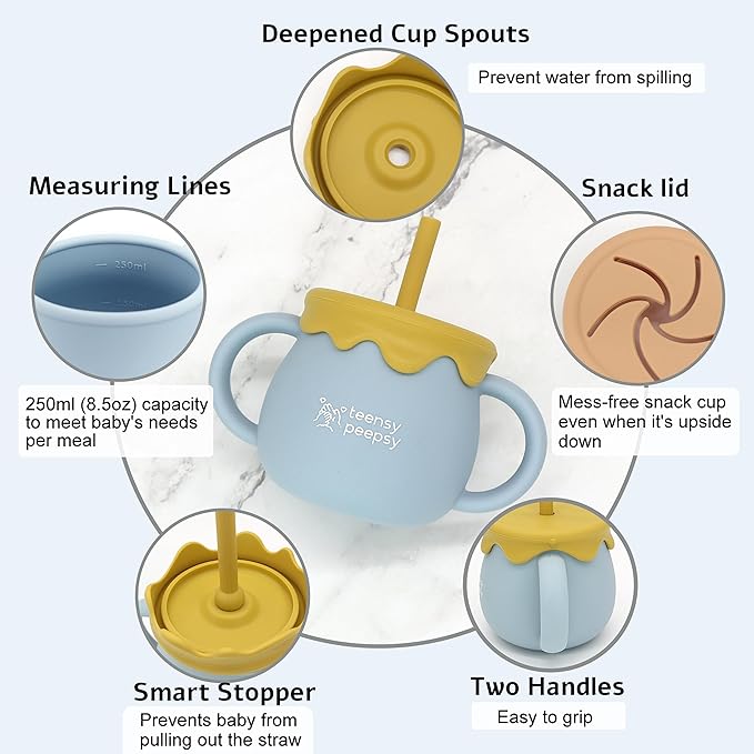 Honey Jar Pot 3-in-1 Silicone Training Cup 8.5oz, Baby Sippy Cup with Straw & Snack Cup for 6 months+ Straw Cup for Baby Boy Gift, Open Cup Toddler Smoothie Drinkware (Honey Jar Blue)